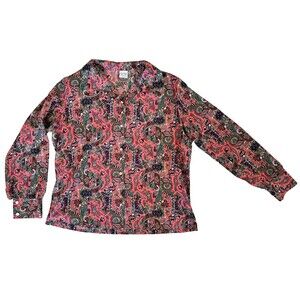 Vintage Paisley Blouse California Wear Coral Green Boho Retro Statement Top Wm L